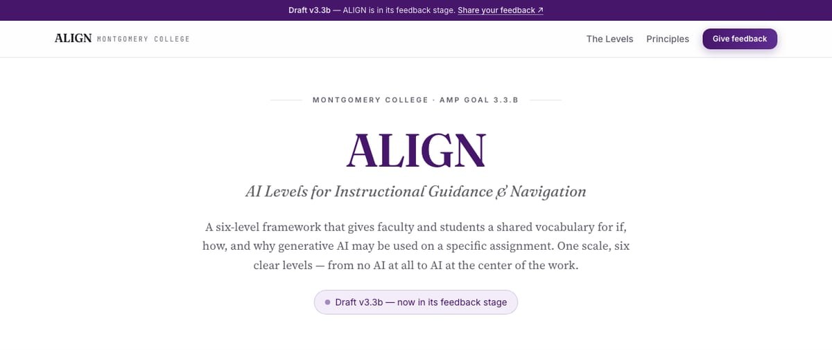 The ALIGN framework site, headed "ALIGN, AI Levels for Instructional Guidance and Navigation", set in Montgomery College purple.